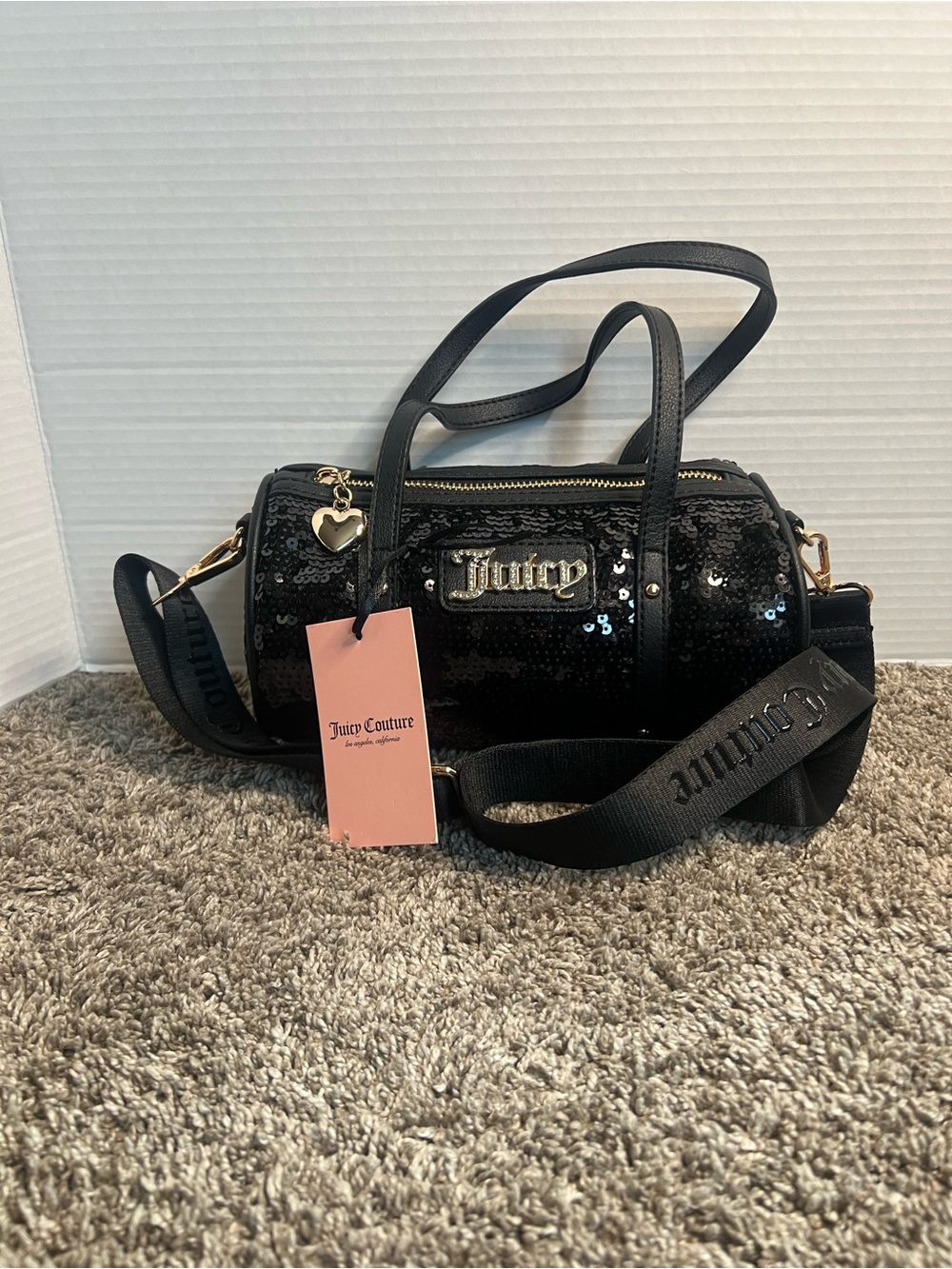 Juicy Couture Black Sequin Barrel Crossbody Bag with Heart Charm